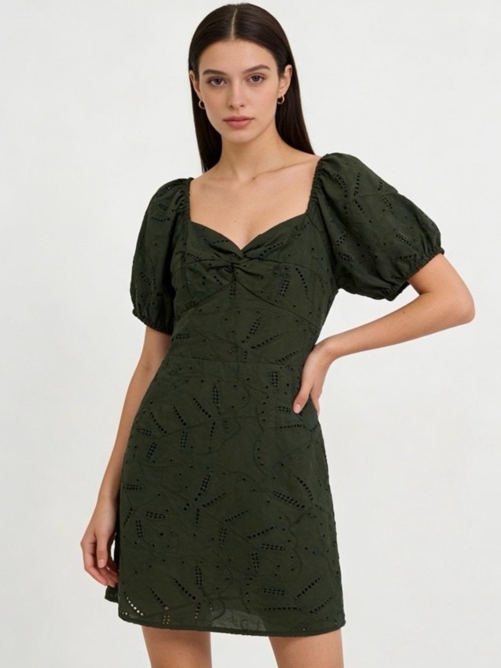 LC Lauren Conrad Petites Eyelet Mini Dress Puff Sleeve Olive Green Size PM NWT - Picture 2 of 10